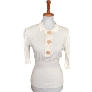 Vintage Madame à Paris Cream Knit Polo Top Short Sleeve Designer Sweater